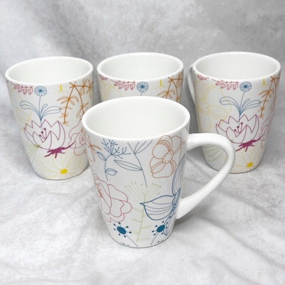 PIER 1‎ Coffee Cup Set of 4 Dolomite Floral Collection Multicolor Flowers White - Picture 11 of 13